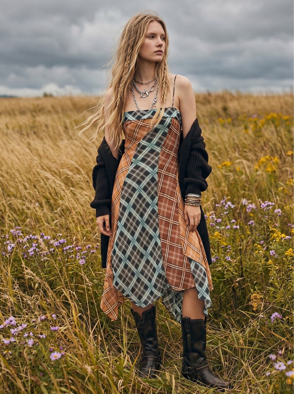 Anthropologie Maeve Sleeveless Asymmetric Plaid Patchwork Midi Slip Dress Medium